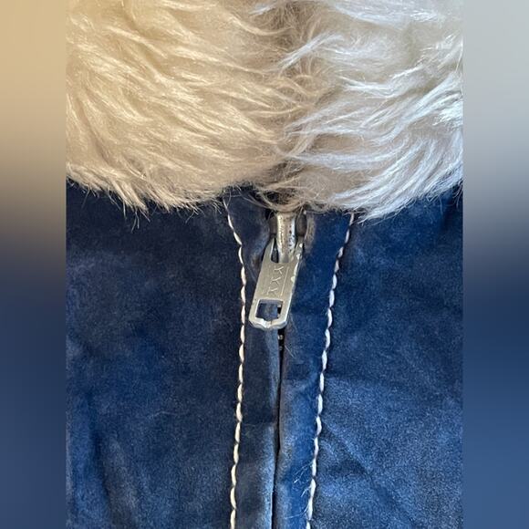 70s Vintage Blue Crush Velvet Penny Lane Style Coat w Faux Fur Trim and Hood - Picture 7 of 10